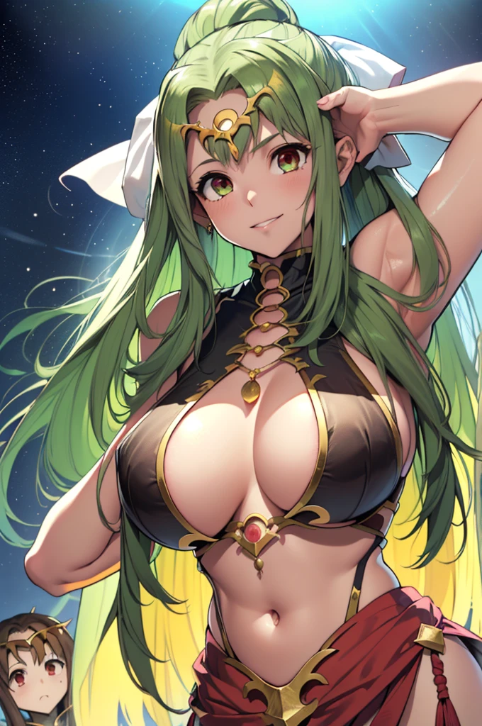 Illustration, 1girl, (((fate/zero))), ((((tiki (fire emblem) )))), ((((irisviel von einzbern)))), (((manakete))), (((fusion))), (((agglutination))), Combination, (((hembra madura))), (((manos en los pechos hipig))), (((hombros estrechos))), (((cintura estrecha))), (((They are smiling))), Cabello largo, enorme, Jardin de un castillo, (((gigantic breasts))), (((mature female))), Obra maestra, mejor calidad, ((Obra maestra)), ((mejor calidra descarrilado)), Parte superior del cuerpo, {{{agglutination}}}, Pose con las manos en las caderaira la cara de la persona))), (((mirada cara a cara))),