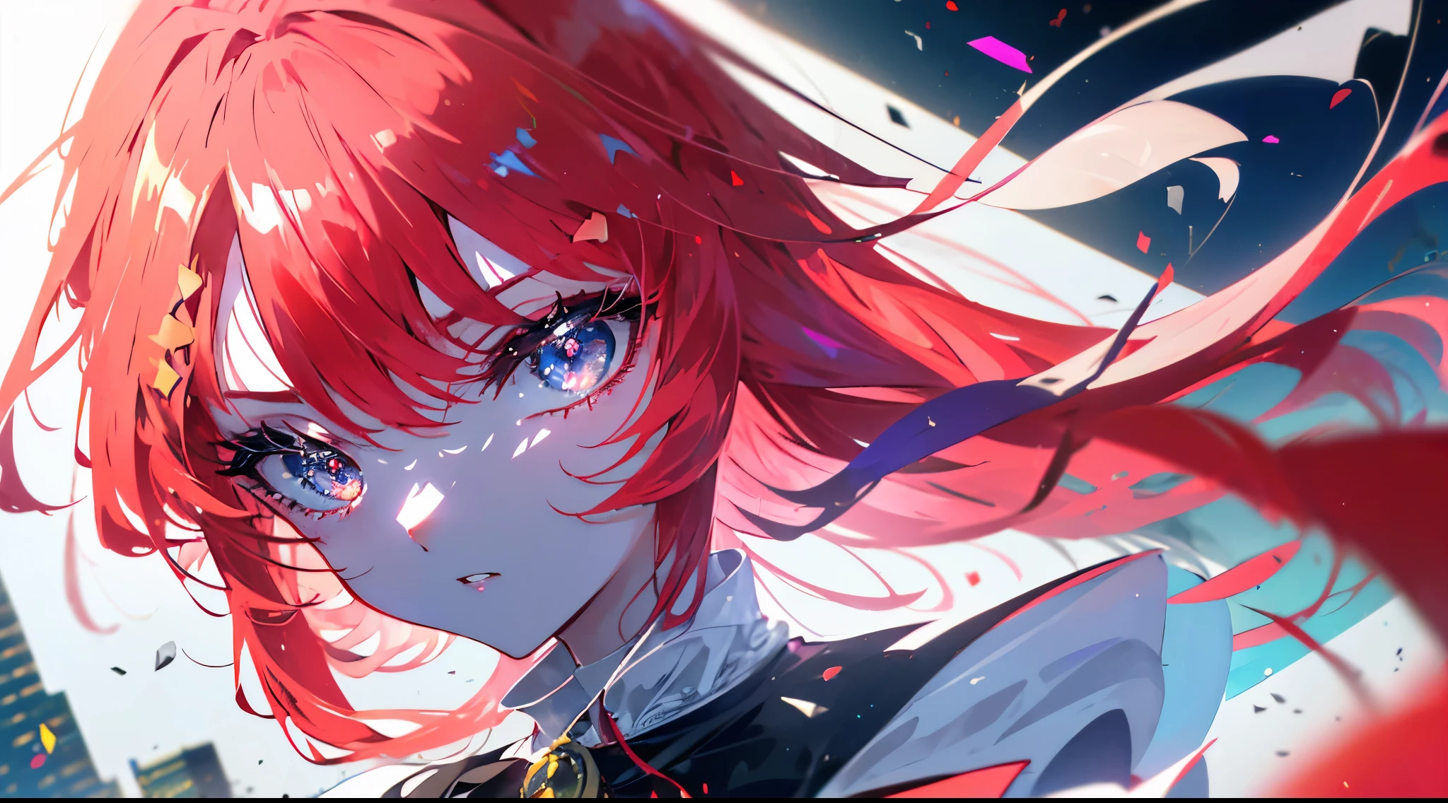 (arte de alta qualidade,anime,ultra-detalhado),(best quality,4k,8k,Altas,master part:1.2),beautiful detailed lips,olhos e rosto extremamente detalhados,red hair,olhos brilhantes, olhos azuis, (Detalhe Olhos:1.3), Standing,City scenery