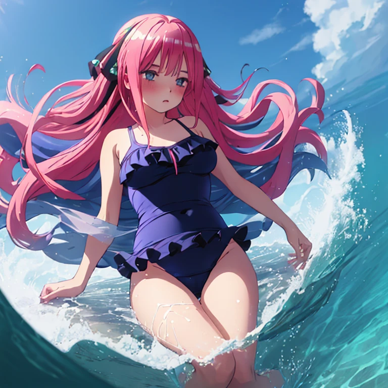 {Best Quality}, {very aesthetic}, {Ultra-detailed}, {Best Illustration}, Navy blue swimsuit, Pink hair