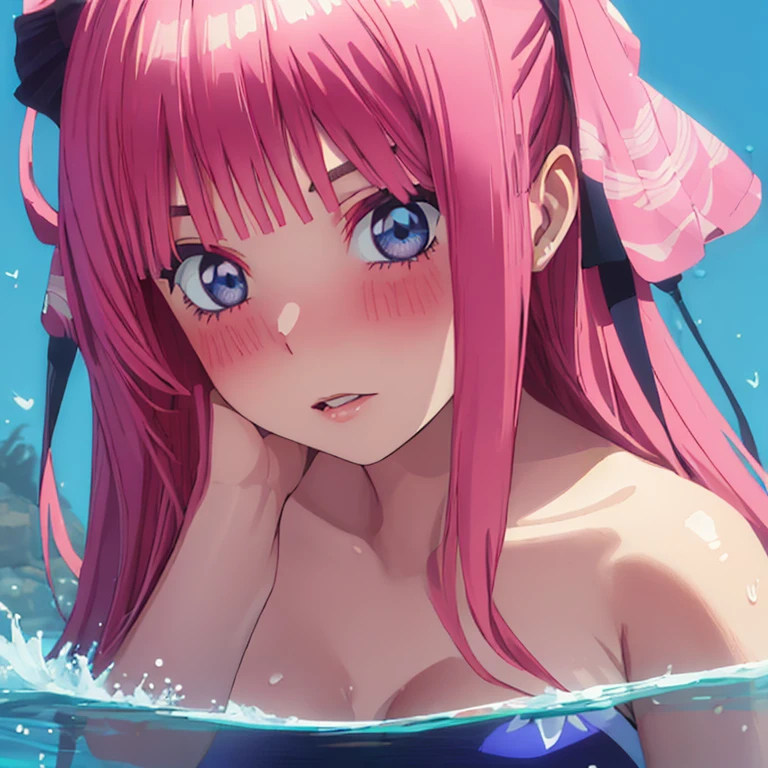 {Best Quality}, {very aesthetic}, {Ultra-detailed}, {Best Illustration}, Navy blue swimsuit, Pink hair