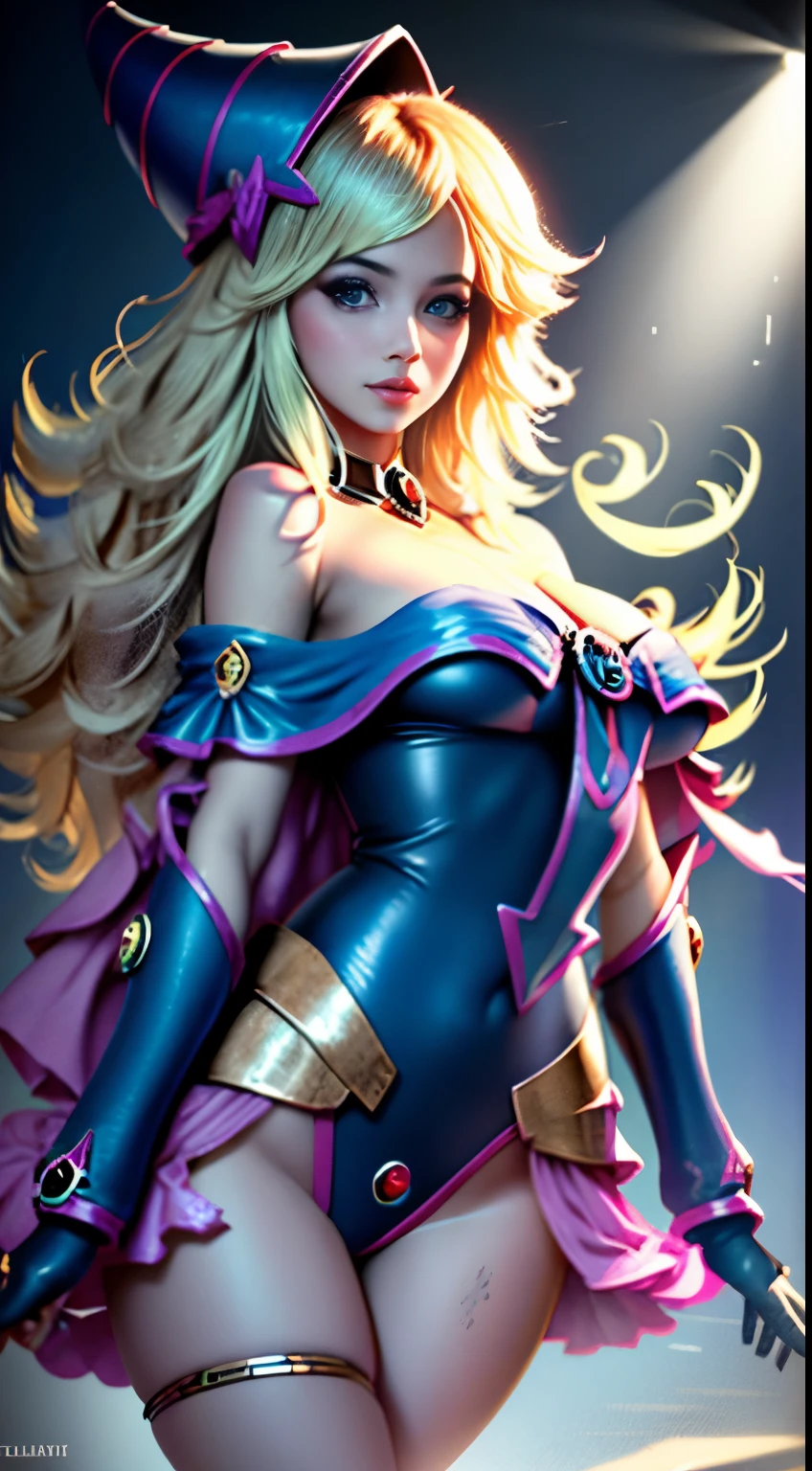 Dark magician girl, realista, 1girl, (Magical Girl:1.4), cabello largo y rubio, (ojos azules), (Cristales, bokeh brillante), Uniforme de dark magician girl, (pechos enormes:1.25), escote, caderas anchas, small waist, clavicle, labios separados, maquillaje, sonrojarse, piel brillante, Noche, reflecion, luna llena, Luz de la luna, rosa. Sexy