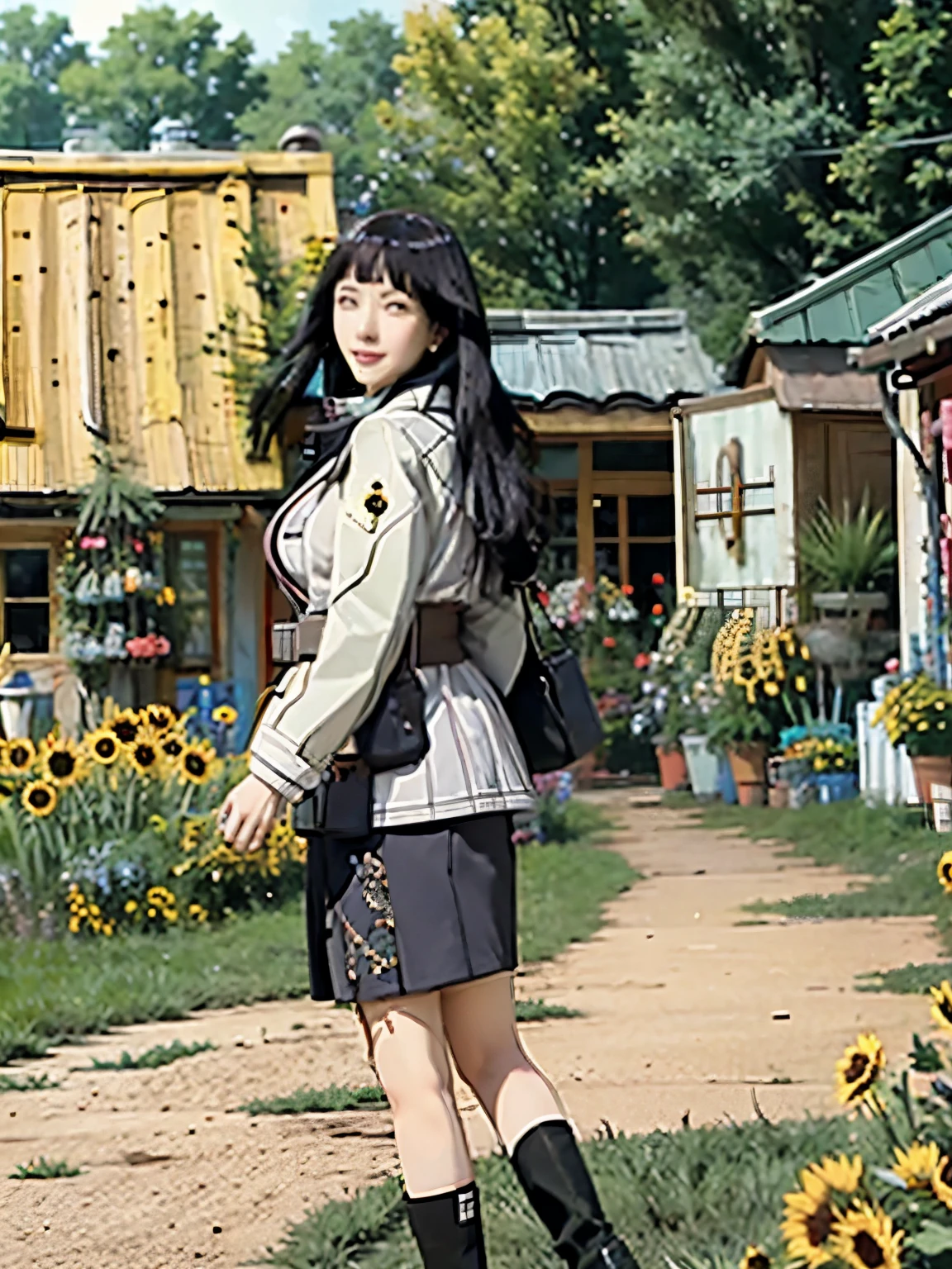 Long hair, black hair, in village, big tits, jacket, skirt, sunflower garden, smile, river, fullbody, looking back,