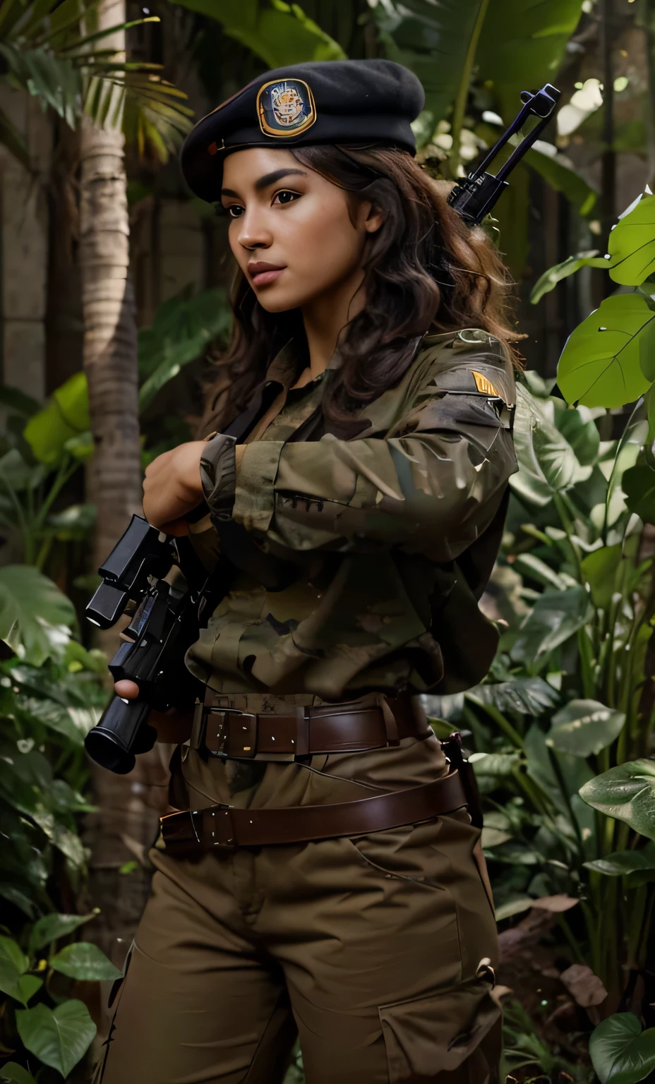 Hermosa mujer soldado, Rostro de una mujer latina cubana, dark skin, cabello negro rizado, brown eyes, He wears a brown beret, He wears a light brown military uniform., Detalles en rojo oscuro, mate, Belt with ammunition, Belt with bullets, guantes de cuero negro, sostiene un rifle, is in a hiper detallado jungle, Ultra detallado, hyperrealista, 4k, Ultra detallado image, realista, Altamente detallado, perfect composition, splendid, Intrincadamente detallado, Incredibly detailed, 8 k artistic photography, hiper detallado, Obra maestra, Ultra detallado , hyper realista, 4k, Ultra detallado image, realista, Altamente detallado, perfect composition, splendid, Intrincadamente detallado, Incredibly detailed, 8 k artistic photography, hiper detallado, Obra maestra