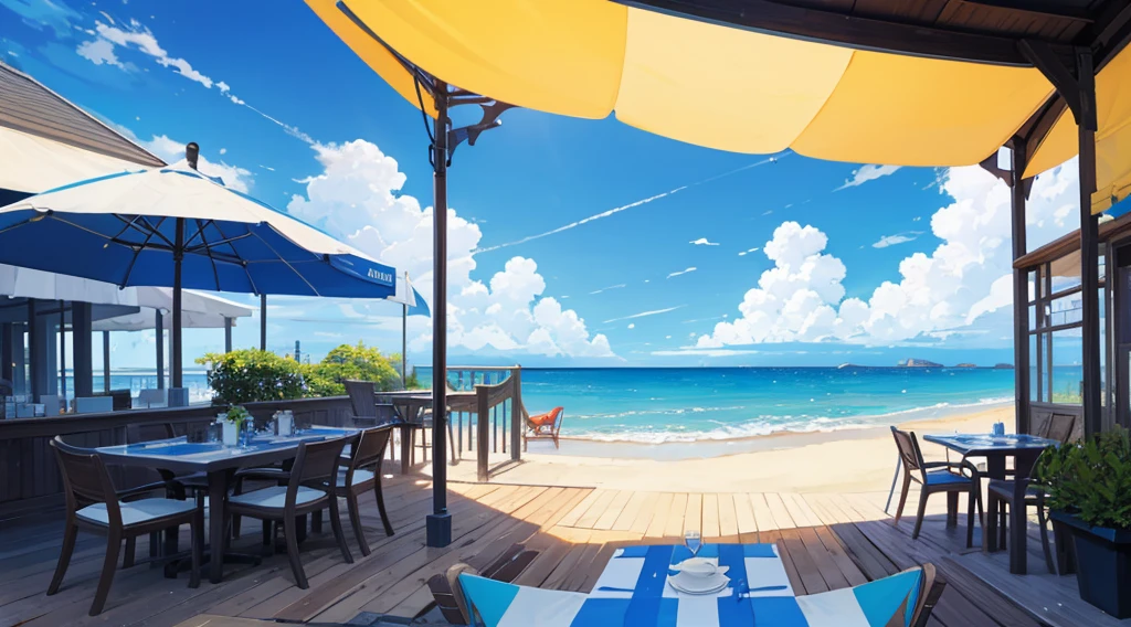 seaside cafe terrace, summer blue sky, star shaped lighting, calming scenery