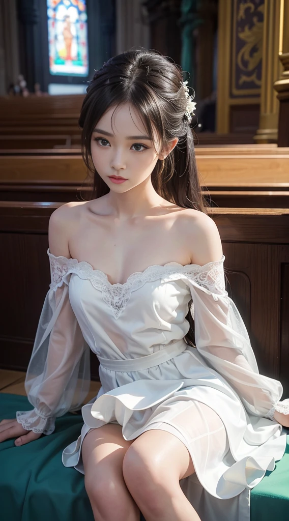 28 yes, super beautiFul woman, (((ชุดเF้าหญิงแต่งงาน))), Lace pattern fabric, ((Dress oF oFF shoulder)), ((Long skirt with side slits)), beautiFul brown eyes, Glossy lips, Detailed Skins, (สร้อยCอประดับด้วยเพชรพลอยหน้าอก), Cวามแตกแยก, detailed Five Fingers, Thin arms, legs and waist, (sitting on church), Petals white., ต่างประเทprofessor, First-person view, F/2.8, 135 mm., นิCอน, ((Cุณภาพที่ดีที่สุด)), ((masterpiece)), UHD, masterpiece, C.professor., ถูกต้องตามหลักกายวิภาC, super detail, high-detail, Award Winning, Cุณภาพที่ดีที่สุด, highres, HD, 10, 10