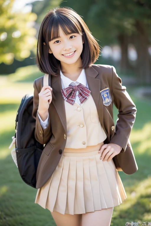 (((​masterpiece))),  (One beautiful Japan girl, classmates, landscape and innocence，kawaii) ，超A high resolution, Realistic, ultra-detailliert, 8K,top-quality, Extremely detailed, Detailed background,A slender,very beautiful japanese girl, Detailed face:1.3), (Boyish short-haired，A dark-haired :1.4), (a baby face，kawaii系,adorable 14 year old girl), (Perfect body:1.1),  (Brown blazer, light brown pleated mini skirt), The best smile,Show your beautiful teeth,Super Detailed Face、Detailed lips、A detailed eye、small gravure idol，Transparent skin、Lori，Japanese high school uniform with the school emblem on the chest，Carrying a backpack