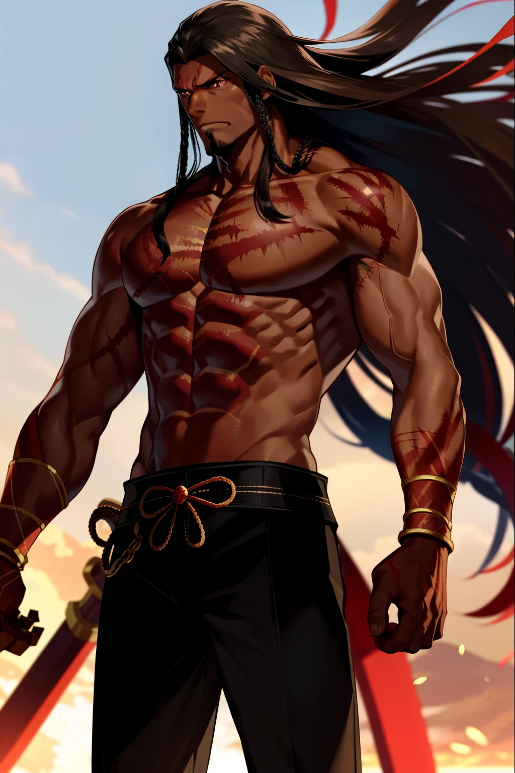 Giant club, Heraclues/(fate)/, tall, dark skin, brown skin, black hair, red eyes, muscular, long arms, savage, angry, shirtless, warrior, long arms, red accents, scars