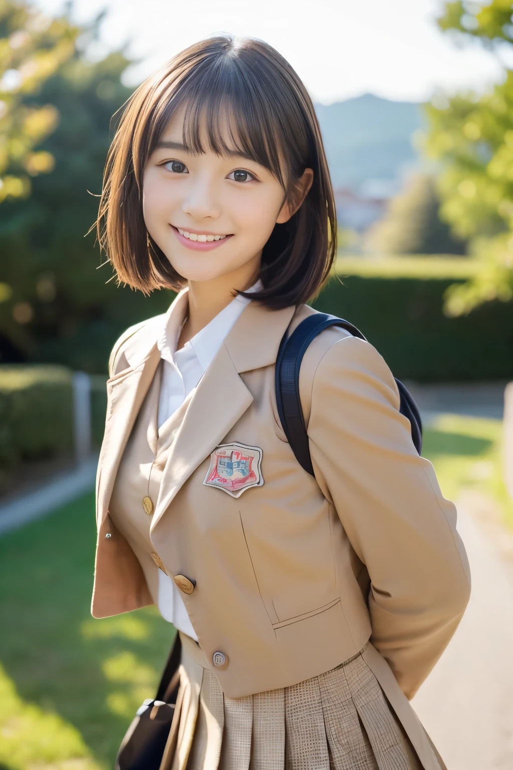 (((masterpiece))), (One beautiful Japan girl, classmates, landscape and innocence,kawaii) ,超A high resolution, Realistic, ultra-detailliert, 8K,top-quality, Extremely detailed, Detailed background,A slender,very beautiful japanese girl, Detailed face:1.3), (Boyish short-haired,A dark-haired :1.4), (a ,kawaii系,adorable 14 year oPerfect body:1.1), (Brown blazer, light brown pleated mini skirt), The best smile,Show your beautiful teeth,Super Detailed Face、Detailed lips、A detailed eye、small gravure idol,Transparent skin、Lori,Japanese high school uniform with the school emblem on the chest,Carrying a backpack