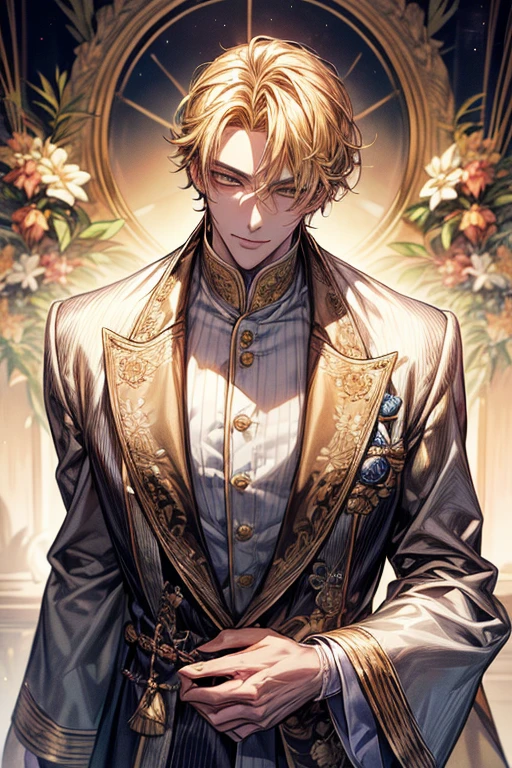 ((masterpiece:1.2、top-quality))、1male people(((Short straight hair、dark yellow hair)))、Yellow eyes(a handsome:1.4)、long eyelashes、white suit、Fantasia、校服、royalty、flower garden、blooming flowers、sunlights、blue-sky、Fantastic Light and Shadow、王宮のflower garden、extra detailed face、Invincible smile、Depiction in motion、Tホテルのmasterpiece,best qualtiy,As a man-、アニメa handsomeな男,Wearing strict royal attire, white and gold royal costume, a handsomeなアニメのポーズ, a handsomeな見事なリアルな,Eyes are yellow、Center division、Forehead、A sexy、Tall、190cm、manly、handsome man、Beautiful shape、Best style、Cool face、Model Pose、awkward smile、Angle from above