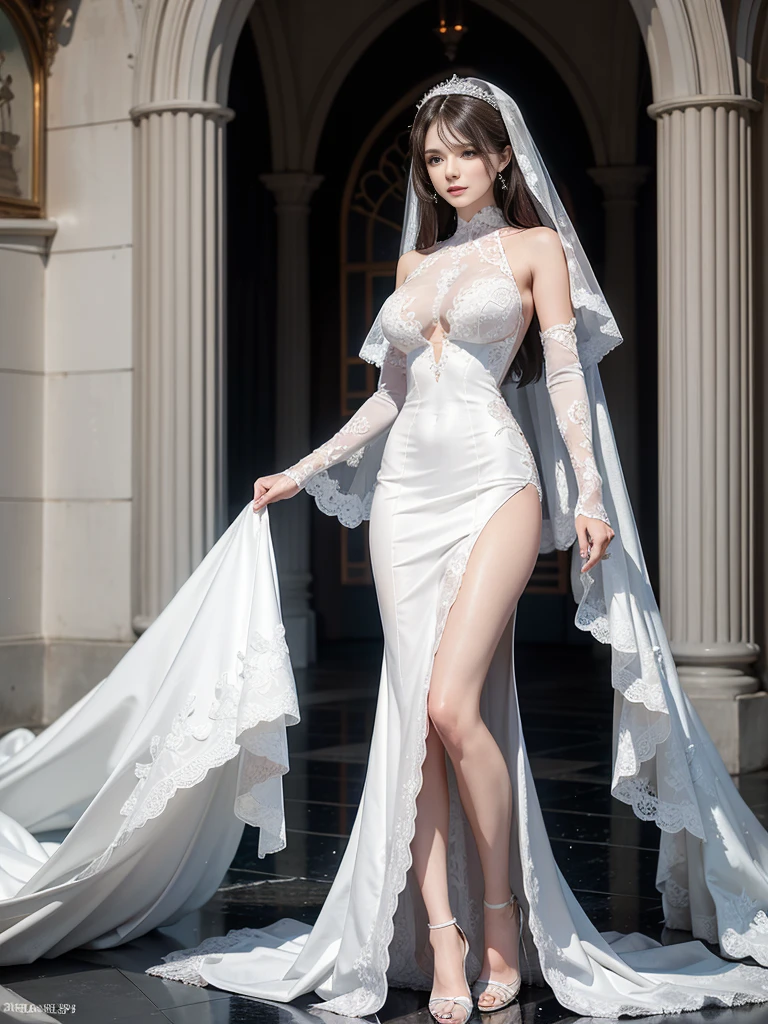 （（Best qualtiy),（（master-piece））, (detaild）， White Wedding Dress，Lace pattern, thin, Big breasts leak，Leaky thigh