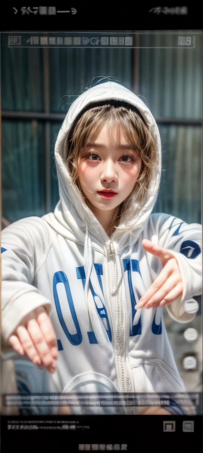 masterpiece、8K、32K、top-quality、(A detailed eye)、(A cute Japanese woman、bangss)、23years old、1 girl in、elegent、(Detailed background depiction、portlate:1.2)、Wearing a hood、牙