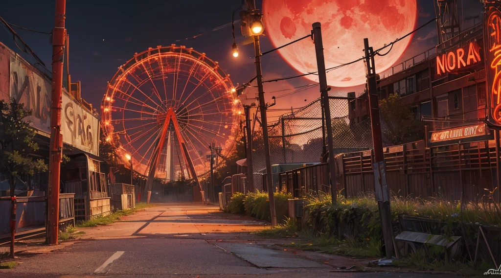 abandoned amusement park, late night, red moon