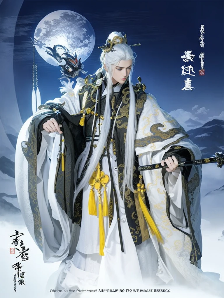 Close-up of a man in costume holding a sword, white-haired god, beautiful male god of death, heise jinyao, god of moon, zhao yun, xianxia fantasy, full body xianxia, God Emperor of Humanity, inspired by Wu Daozi, Taoist, heise-lian yan fang, chinese fantasy