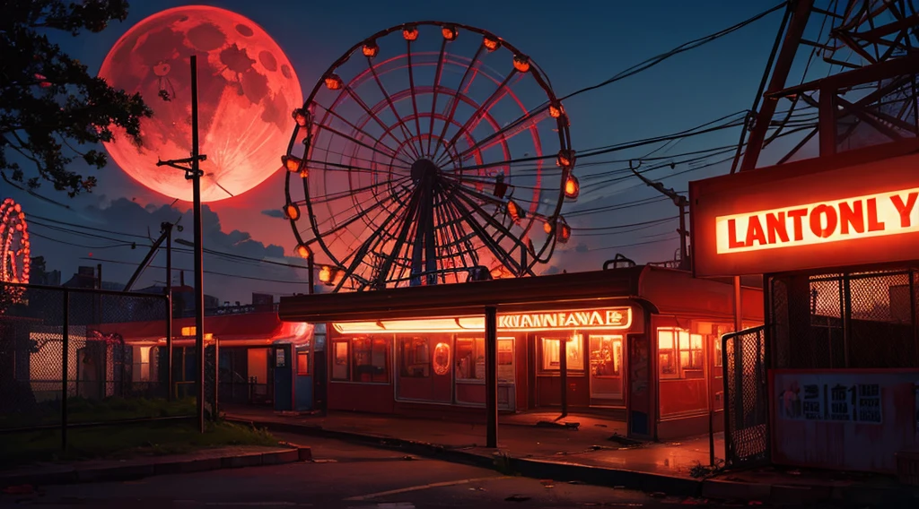 abandoned amusement park, late night, red moon