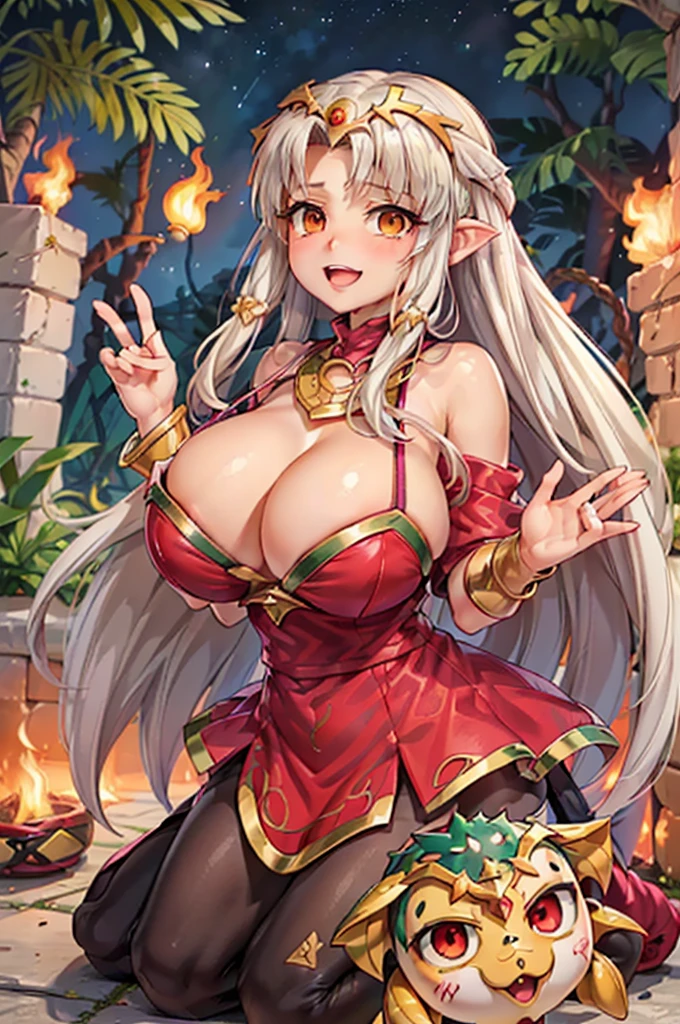 Illustration, 1girl, (((fate/zero))), ((((tiki (fire emblem) )))), ((((irisviel von einzbern)))), (((manakete))), (((fusion))), (((agglutination))), Combination, (((hembra madura))), (((manos en los pechos hipig))), (((hombros estrechos))), (((cintura estrecha))), (((They are smiling))), Cabello largo, enorme, Jardin de un castillo, (((gigantic breasts))), (((mature female))), Obra maestra, mejor calidad, ((Obra maestra)), ((mejor calidra descarrilado)), Parte superior del cuerpo, {{{agglutination}}}, Pose con las manos en las caderaira la cara de la persona))), (((mirada cara a cara))),
