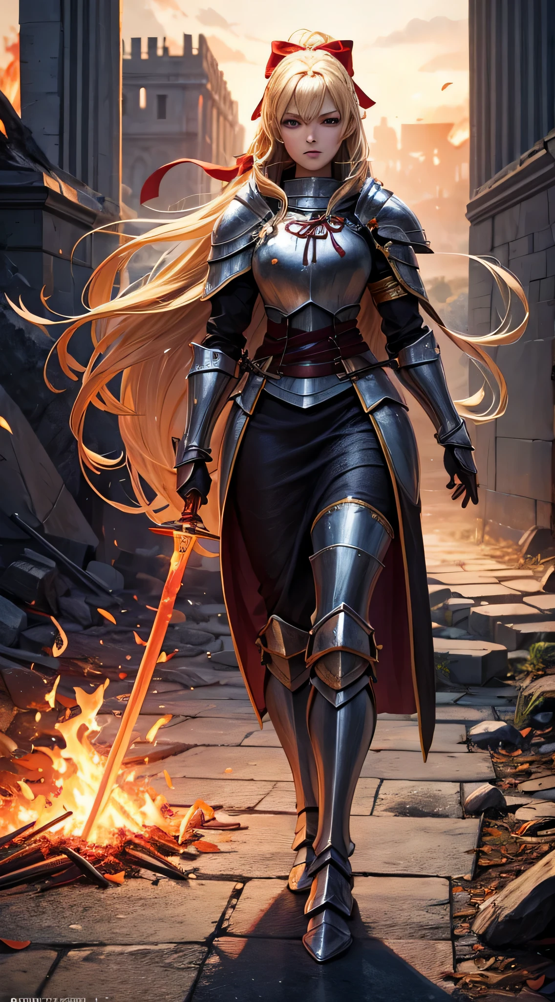 masutepiece,Best Quality,ultra-detailliert,(1 female knight),(equip a fire sword),Full body shot,Blonde hair,(Straight hair),(fire:1.3),(Sunny:1.3),(Full lips:-0.5),Dark Souls,Ruins,Long hair,(bow ribbon),cloaks