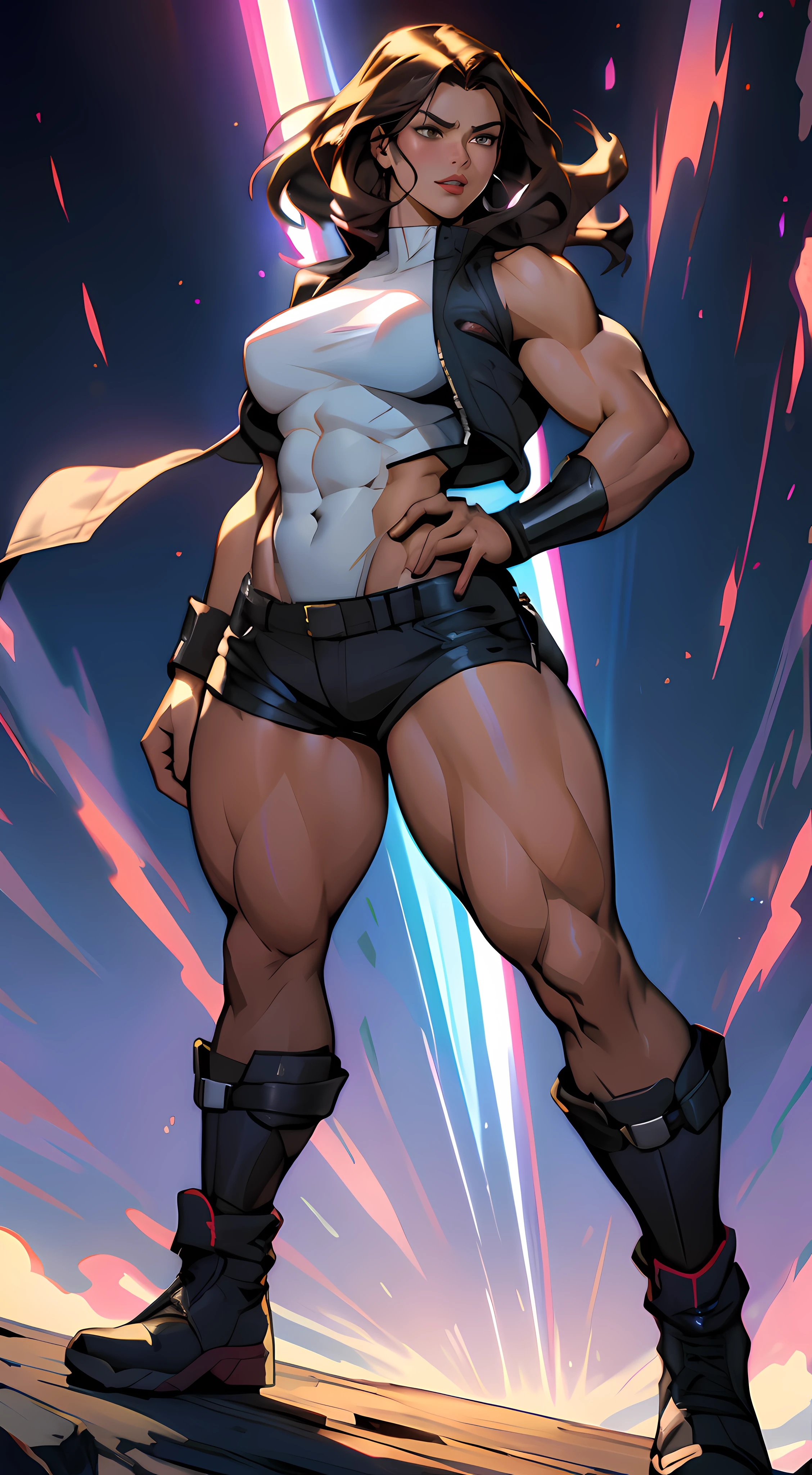 35-year-old woman, (masterpiece), (Best Illustration), high resolution, (muscular thighs: 1.6), (Gigantic Breasts: 1.0), (hanging breasts: 1.5), (wide hips: 1.3), (((no abs))), chubby tummy, soft belly, no pants, cut-off shorts, sleeveless jacket, leotard, boots, bare shoulders, hip dips, long and straight brown Hair, face like Psylocke from X-Men, dark skinned, dynamic angle, vibrant colors, glowing effect, volumetric light, dark background, simple background