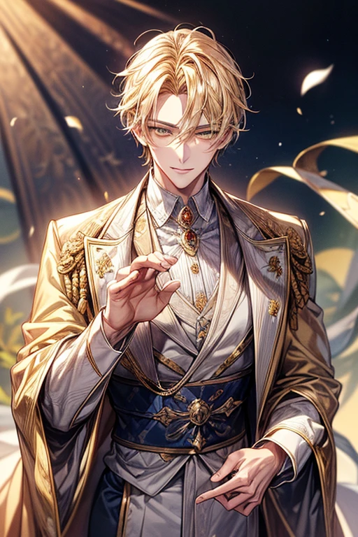 ((masterpiece:1.2、top-quality))、1male people(((Short straight hair、dark yellow hair)))、Yellow eyes(a handsome:1.4)、long eyelashes、white suit、Fantasia、校服、royalty、flower garden、blooming flowers、sunlights、blue-sky、Fantastic Light and Shadow、王宮のflower garden、extra detailed face、Invincible smile、Depiction in motion、Tホテルのmasterpiece,best qualtiy,As a man-、アニメa handsomeな男,Wearing strict royal attire, white and gold royal costume, a handsomeなアニメのポーズ, a handsomeな見事なリアルな,Eyes are yellow、Center division、Forehead、A sexy、Tall、190cm、manly、handsome man、Beautiful shape、Best style、Cool face、Model Pose、awkward smile、Angle from above