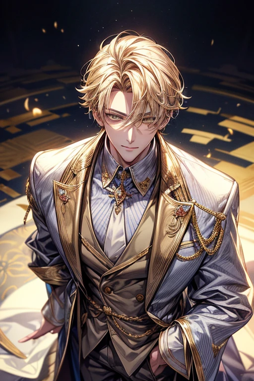 ((masterpiece:1.2、top-quality))、1male people(((Short straight hair、dark yellow hair)))、Yellow eyes(a handsome:1.4)、long eyelashes、white suit、Fantasia、校服、royalty、flower garden、blooming flowers、sunlights、blue-sky、Fantastic Light and Shadow、王宮のflower garden、extra detailed face、Invincible smile、Depiction in motion、Tホテルのmasterpiece,best qualtiy,As a man-、アニメa handsomeな男,Wearing strict royal attire, white and gold royal costume, a handsomeなアニメのポーズ, a handsomeな見事なリアルな,Eyes are yellow、Center division、Forehead、A sexy、Tall、190cm、manly、handsome man、Beautiful shape、Best style、Cool face、Model Pose、awkward smile、Angle from above