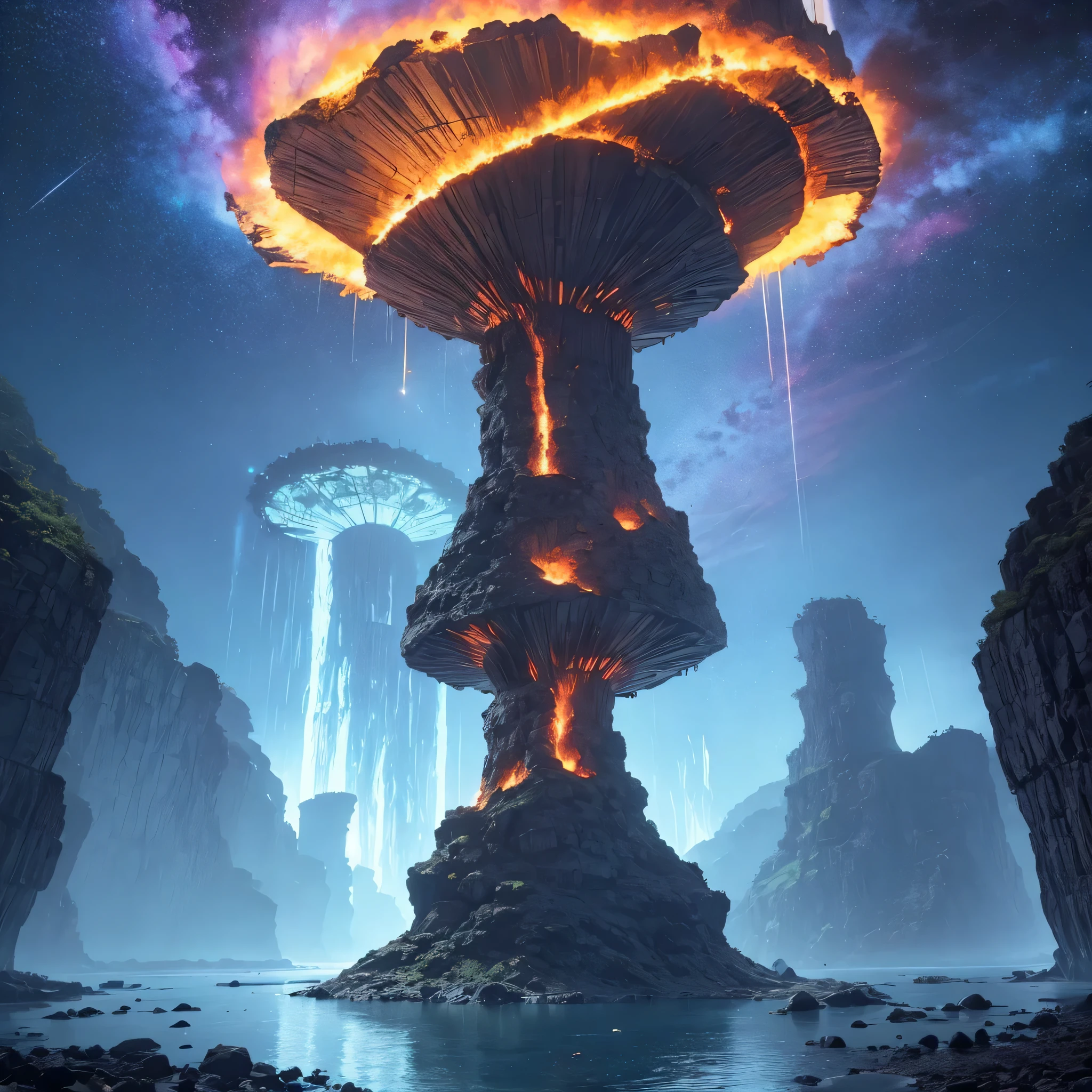 Alien Hexagonal Base (very detailed nipples) In a hexagonal mountain oasis,There are several hexagonal exhaust fans and chimneys, some neon lights projecting from the base,Light up the dark night), There are some clouds in the night sky, Some surrounding planets provide air to unknown planets,The most remote giant hexagonal volcano erupts,the rainforest
