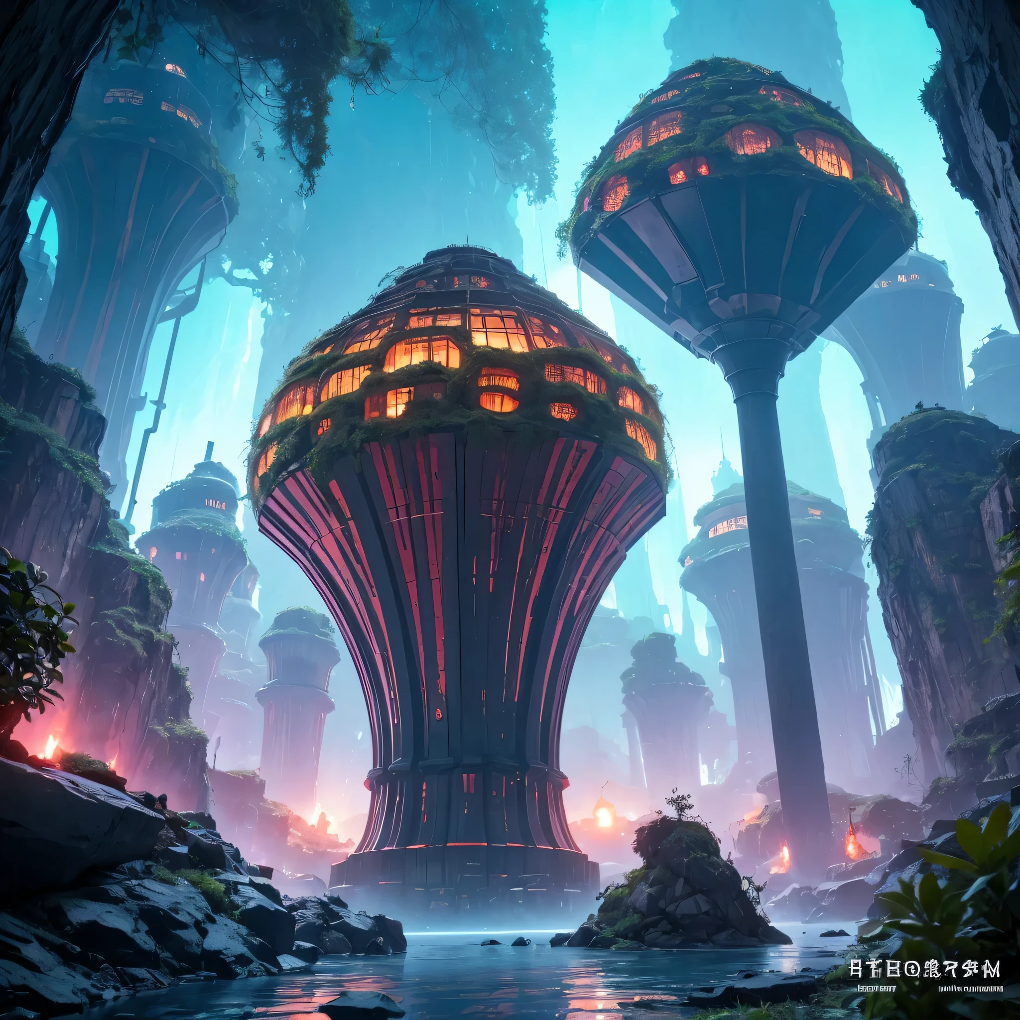 Alien Hexagonal Base (very detailed nipples) In a hexagonal mountain oasis,There are several hexagonal exhaust fans and chimneys, some neon lights projecting from the base,Light up the dark night), There are some clouds in the night sky, Some surrounding planets provide air to unknown planets,The most remote giant hexagonal volcano erupts,the rainforest