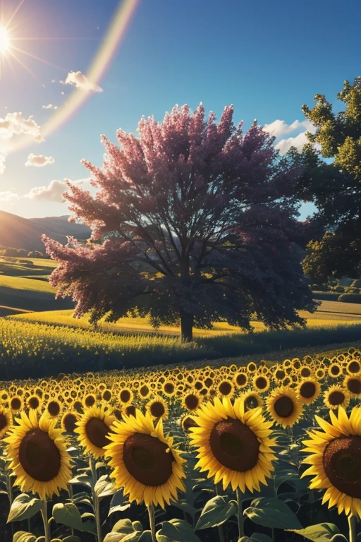 (best quality), (8k), (top quality), (real photo), (realistic photo), sunflower garden, blue sky, rainbow and sun shining.