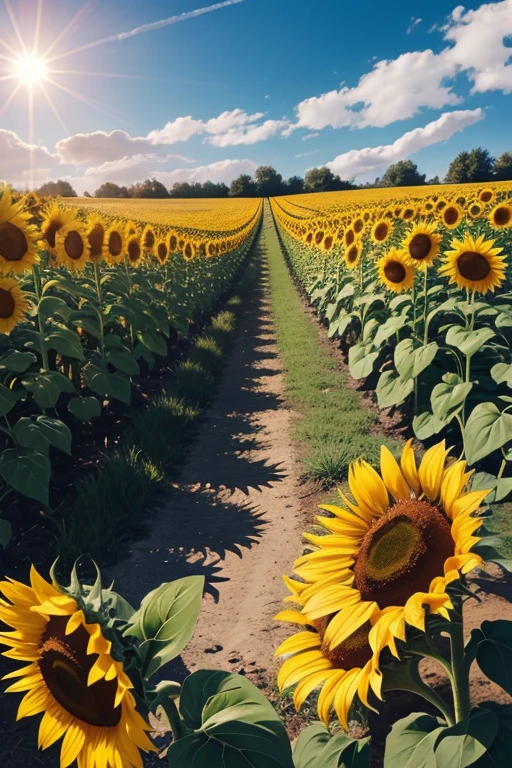 (best quality), (8k), (top quality), (real photo), (realistic photo), sunflower garden, blue sky, rainbow and sun shining.