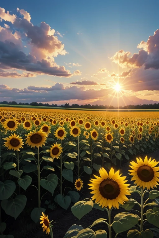 (best quality), (8k), (top quality), (real photo), (realistic photo), sunflower garden, blue sky, rainbow and sun shining.