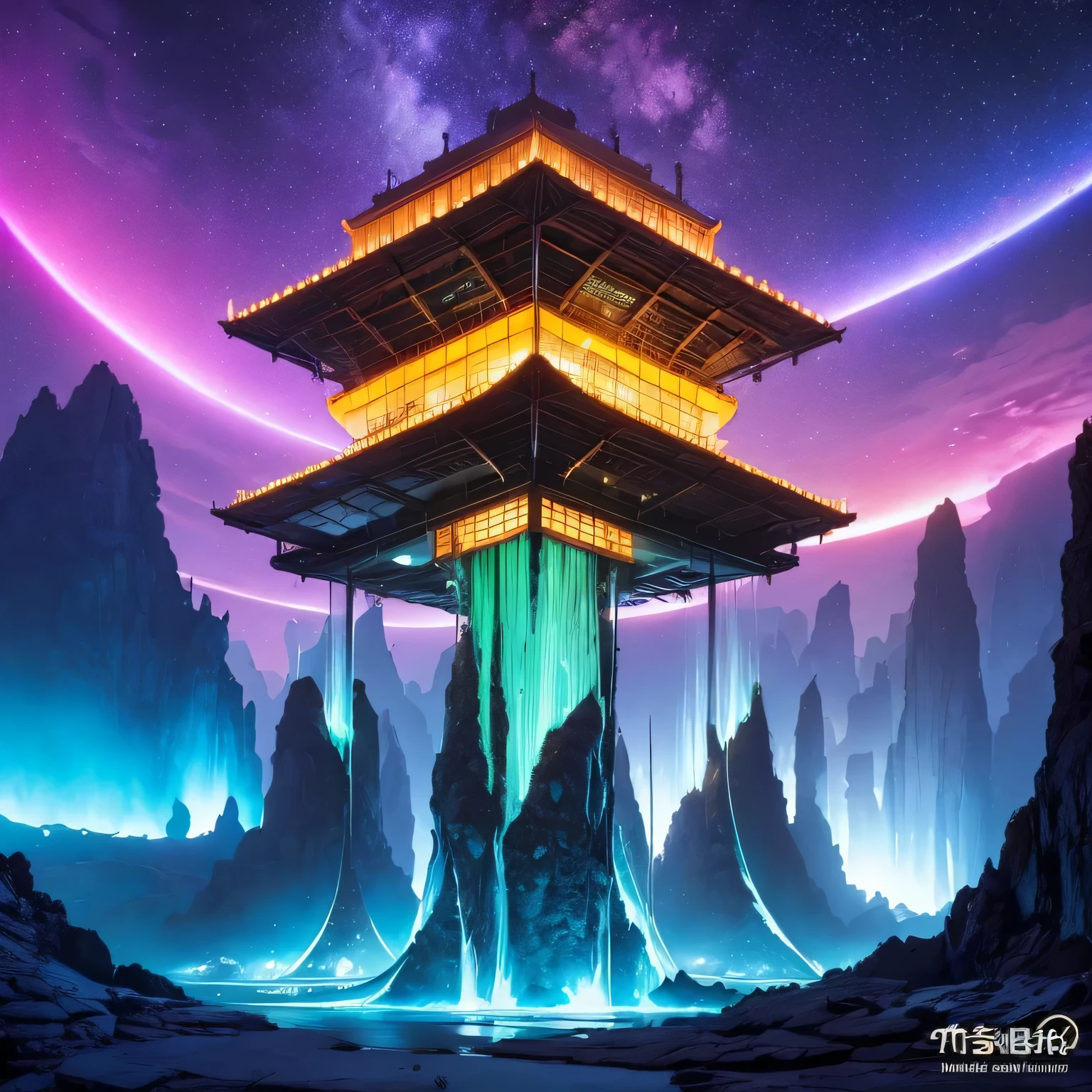 Alien Hexagonal Base (very detailed nipples) In a hexagonal mountain oasis,There are several hexagonal exhaust fans and chimneys, some neon lights projecting from the base,Light up the dark night), There are some clouds in the night sky, Some surrounding planets provide air to unknown planets,The most remote giant hexagonal volcano erupts,the rainforest