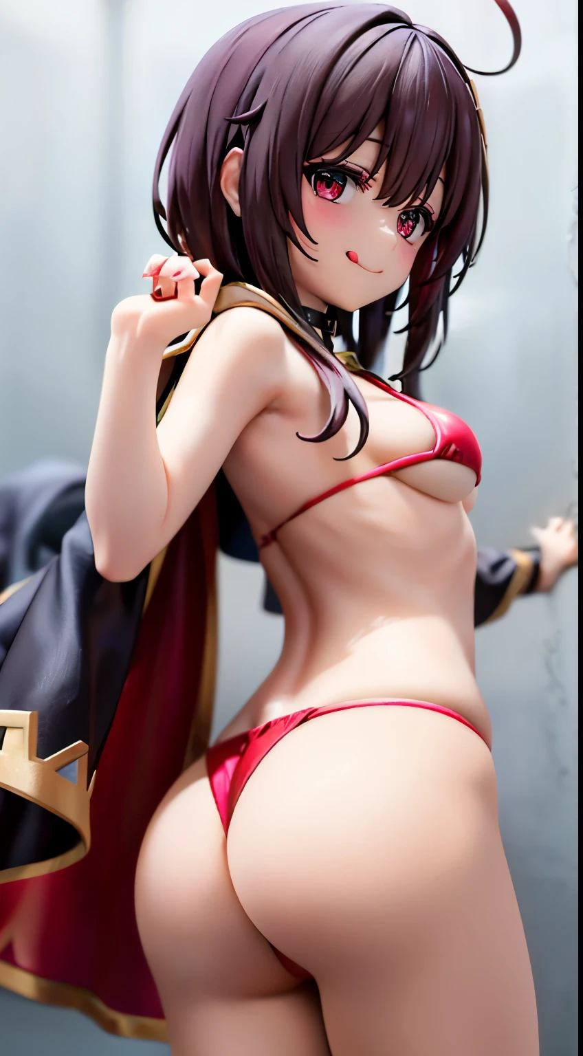 Real Style, neoartcore、Megumin、1girl in、Plain shoulderlack cloak、A dark-haired、red blush、cape、a choker、鎖骨、See-through micro bikini、Hair between the eyes、see the beholder、middle hair、off shoulders、red eyes、side locks、独奏、((masterpiece)), tits out, small tits, long hair fluttering, smiling, nsfw, large butt, butt focus, tongue out