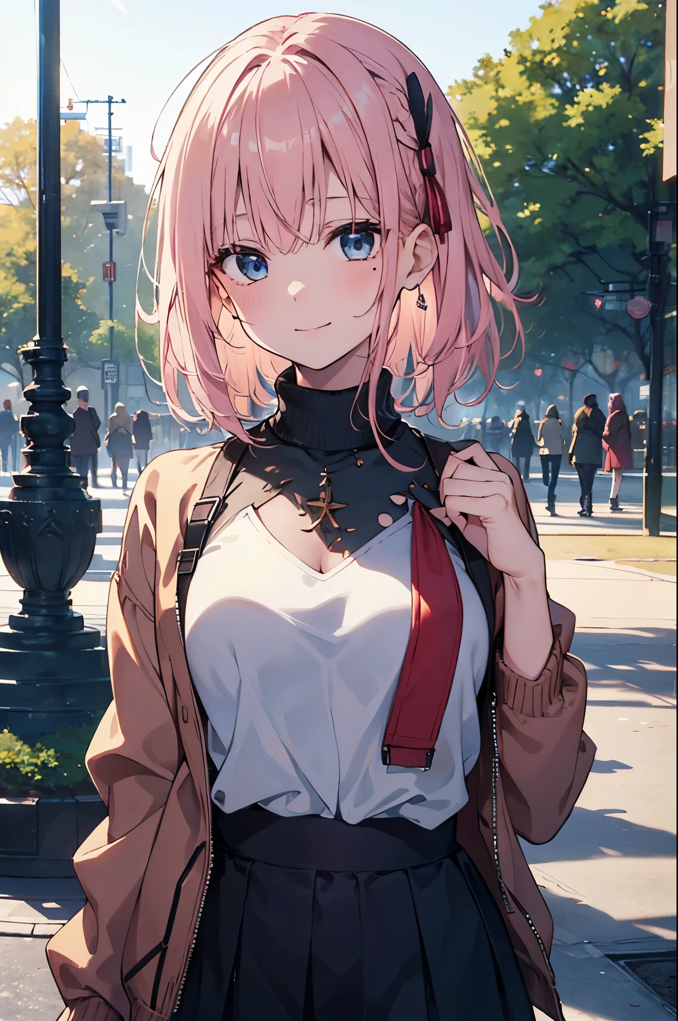 (Girl with a nasty appearance:1.3)、(Daytime:1.5)、(and chest:1.4)、Raw photography, top-quality, hight resolution, (masterpiece), (Photorealsitic:1.4), (Mole under the eyes),Anime , foco nítido, nffsw, 8K分辨率, intricate detailes, depth of fields, the Extremely Detailed CG Unity 8K Wallpapers, front lit, femele,25-years old、 Happy face,(tying hair:1.5)、see -through、(Medium pink hair)、blue eyess,(a park:1.5)、(Turtleneck Knit Jacket:1.3)、(Full body depiction)、winter atmosphere、Christmas、illuminations、santa