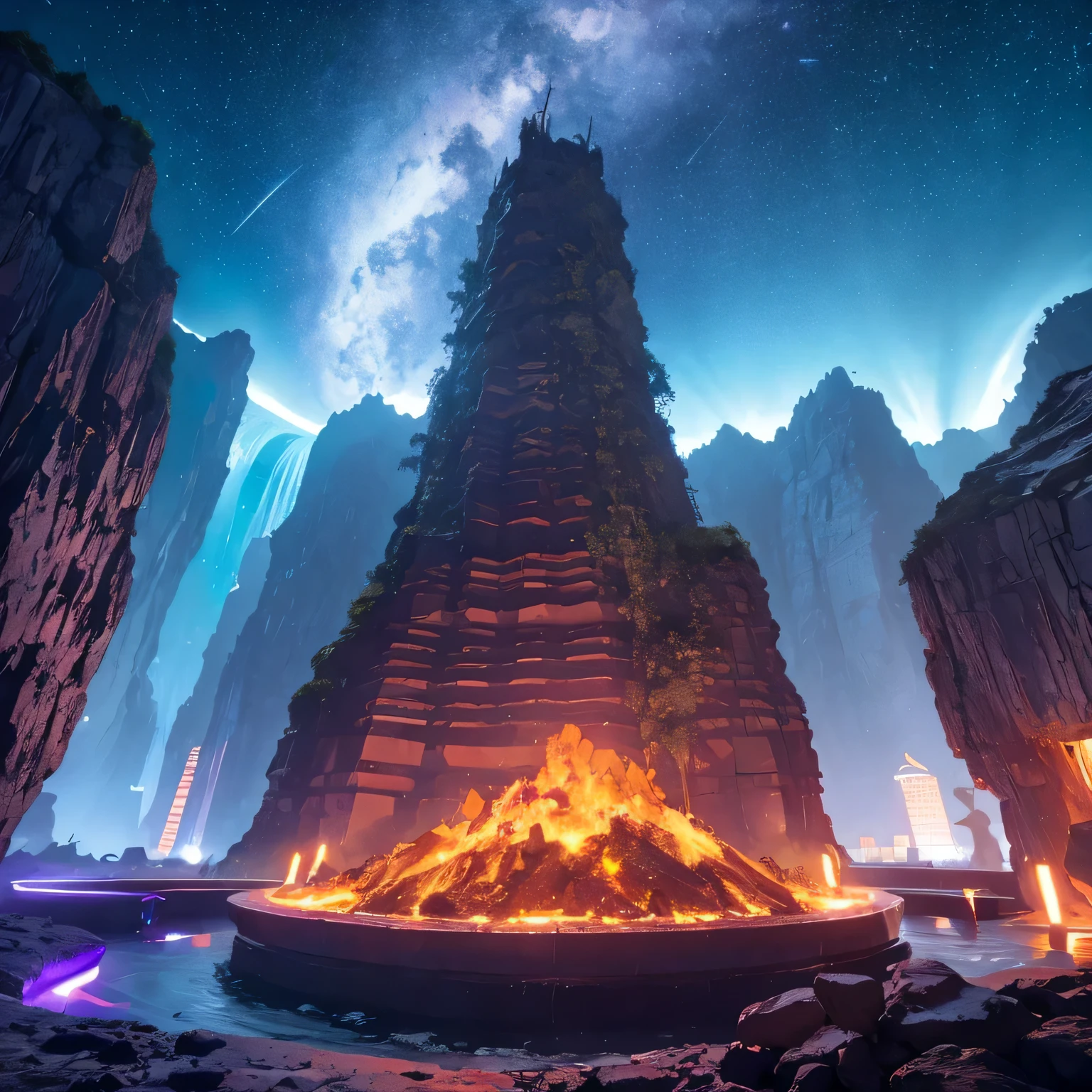 Alien Hexagonal Base (very detailed nipples) In a hexagonal mountain oasis，There are several hexagonal exhaust fans and chimneys, some neon lights projecting from the base，Light up the dark night), There are some clouds in the night sky, Some surrounding planets provide air to unknown planets，The most remote giant hexagonal volcano erupts，the rainforest
