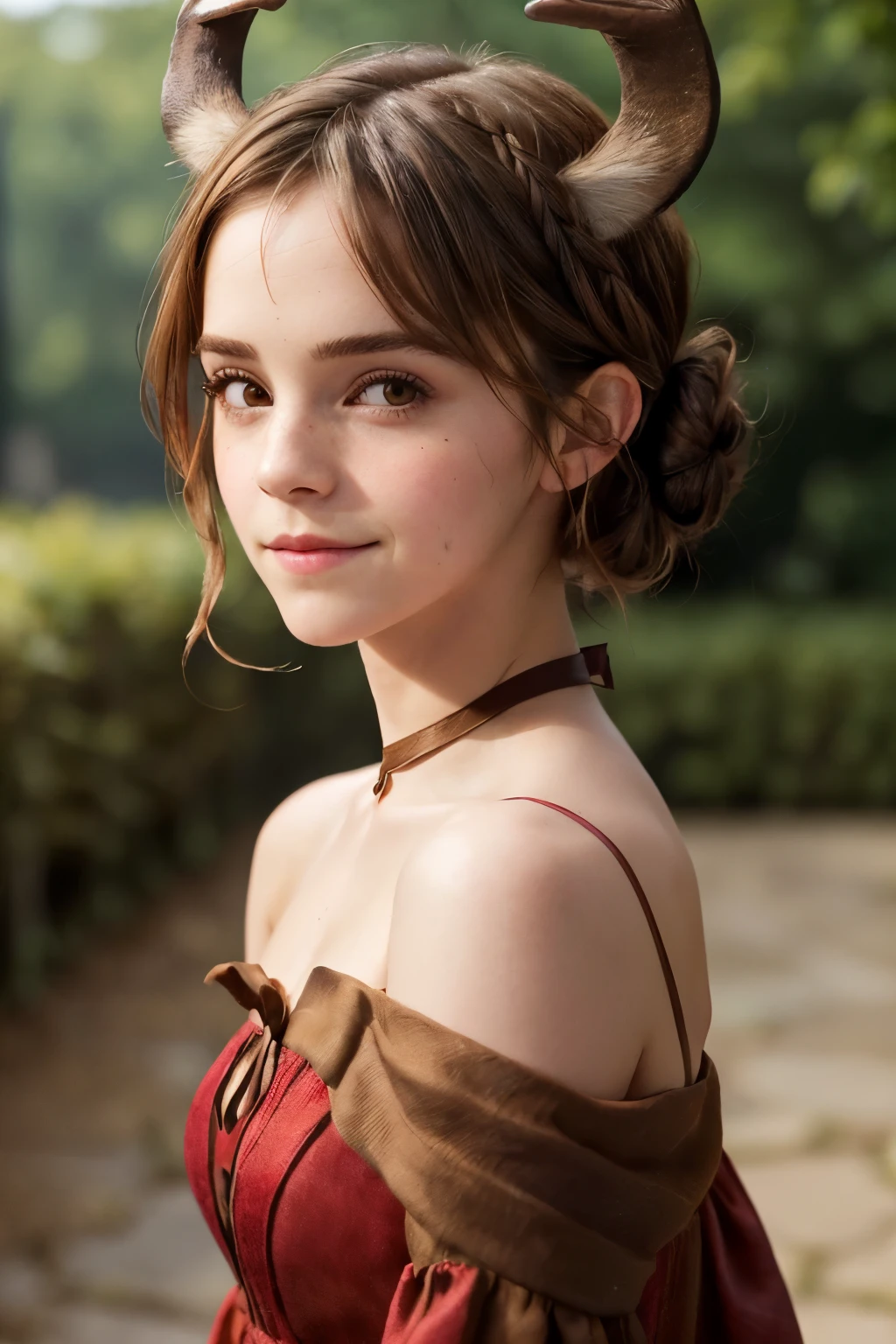 ((Emma Watson Face, 35yo, Shy Smile)), ((slight wrinkles, age marks)), (((Shoulder-Length Brown hair tied into a hairstyle, Brown Eyes))), ((two cute deer horns in her head)), ((She is wearing a beautiful medieval red dress)), (medieval party)