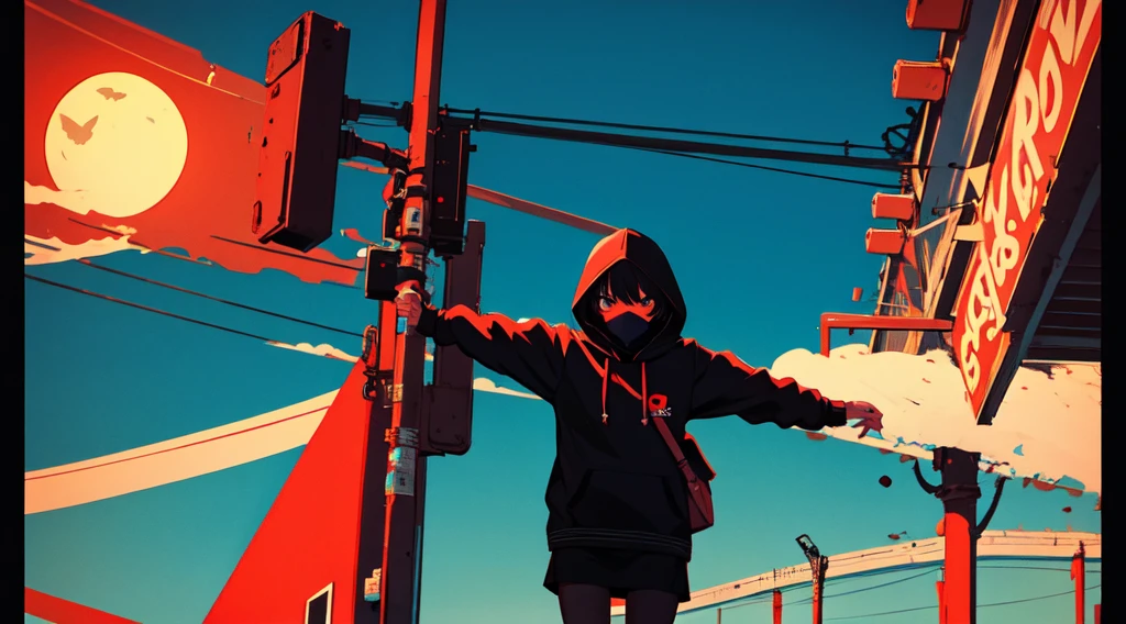 (a girl wearing a hood and a mask, have a handgun), (abandoned amusement park, late night, red moon),  (low contrast, flat color, limited palette)
