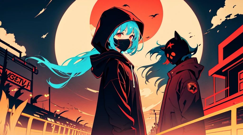 (a girl wearing a hood and a mask, have a handgun), (abandoned amusement park, late night, red moon), (low contrast, flat color, limited palette)