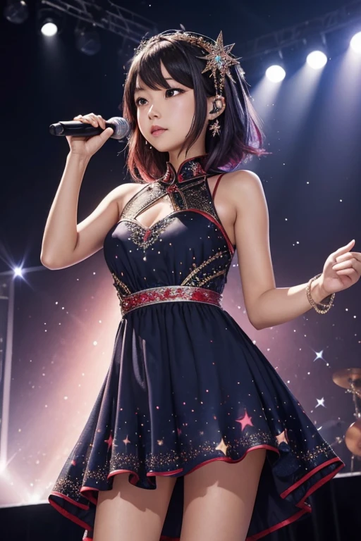 1girl, solo, best quality, masterpiece , Ruby Hoshino, hair ornament, sparking eyes, star on eye, (star on right eye:1), (dress:1.4), (concert1), on the stage,