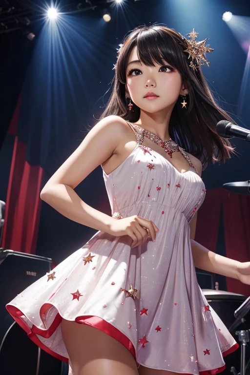 1girl, solo, best quality, masterpiece , Ruby Hoshino, hair ornament, sparking eyes, star on eye, (star on right eye:1), (dress:1.4), (concert1), on the stage,