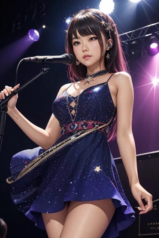 1girl, solo, best quality, masterpiece , Ruby Hoshino, hair ornament, sparking eyes, star on eye, (star on right eye:1), (dress:1.4), (concert1), on the stage,