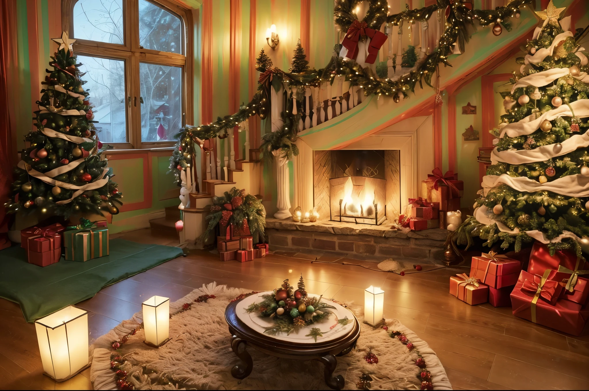 (Masterpiece: 1.2), (Long shot: 1.8), Vibrant colors, magical atmosphere, whimsical, ((starry sky with North Star shining)), (European style interior house, Christmas decorations, fireplace with residual warmth , colored lights hanging on the stairs, gifts wrapped in colorful under the Christmas tree, pile of gifts on the floor, wooden floor, decorated pine tree, parquet floor, mantel, red and green, Christmas atmosphere, traditional Christmas, Festive atmosphere, Merry Christmas, gift tags, Christmas wreaths, decorations, tinsel ribbons, Christmas tree lights, candies, gingerbread men, lights), (The room is decorated in a strong Christmas atmosphere. A string of shining ones hangs on the wall Colored lights, a Christmas wreath and a small snowman are placed on the windowsill, and a beautifully decorated Christmas tree stands in the corner of the room. (On the table, there are exquisite tableware and red plates. In the center of the table, there is a rich Christmas feast , next to a bottle of red wine and two exquisite wine glasses, bringing warmth and comfort to the entire room). (First Person View, Ultra HD, Masterpiece, Accurate, Anatomically Correct, Textured Skin, Super Detailed, High Detailed, High Quality, Award-Winning, Best Quality, 8K), Surreal, Psychedelic, Intricate Details, Textured, Ethereal, Dream-like, Soft Glowing Light, Mesmerizing Patterns, Fantasy Creatures, Hidden surprises, dreamlike landscapes, surreal color palette, mystical aura, surreal, enchanting journey, psychedelic trip, vivid imagination, immersive experience, mysterious creatures, otherworldly charm, glowing path, illuminated Magical Christmas, surreal sky, whimsical Christmas-themed room, a magical encounter, enchanting artwork, (super high saturation, vivid and bright: 1.8)
