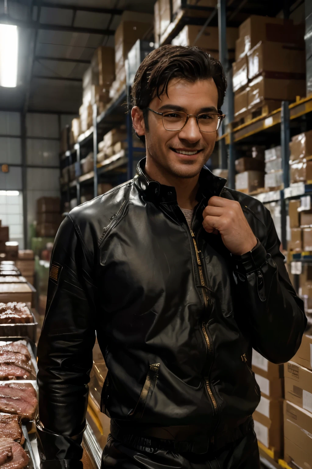 (best quality, UHD, highres, masterpiece:1.2), ultra-detailed, (realistic, photorealistic, photo-realistic:1.37), A man, with oily hair, gold-wire glasses, black suit, smiling, short black hair, in a huge warehouse, piled with meat, chiaroscuro, super detailed.