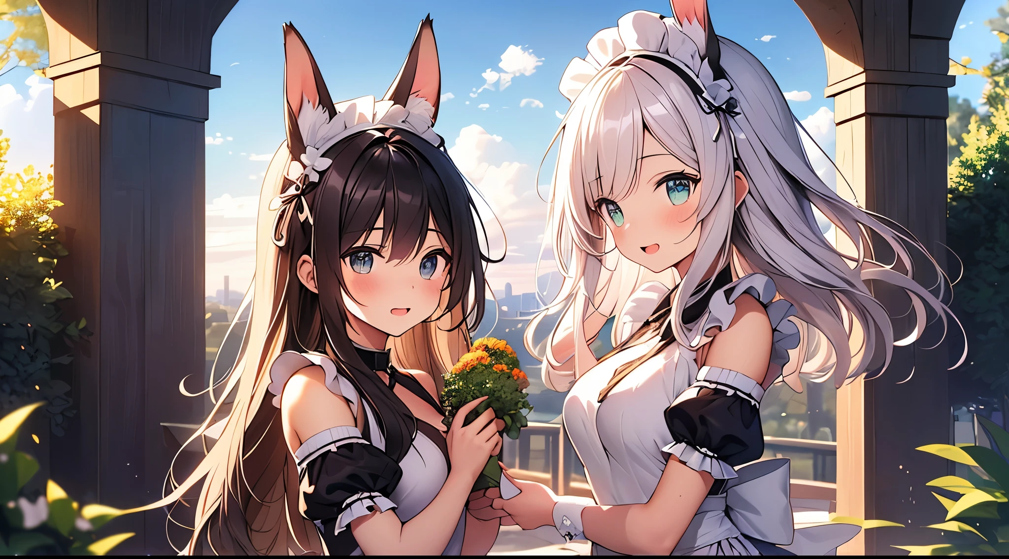 (4k、8k、top-quality、perfect fingers: 1.3、perfect anatomia: 1.3、Background blur))、(transform sequence)、Fractal Art、((Maid Leotard、ars、Slender beautiful girl、babye、str long hair、Beautiful big drooping eyes))、red blush、Open your mouth and smile shyly、、Full Body Angle、beautiful western style garden、(1 persons)、(knee high socks)、(highleg)、Rabbit ears、