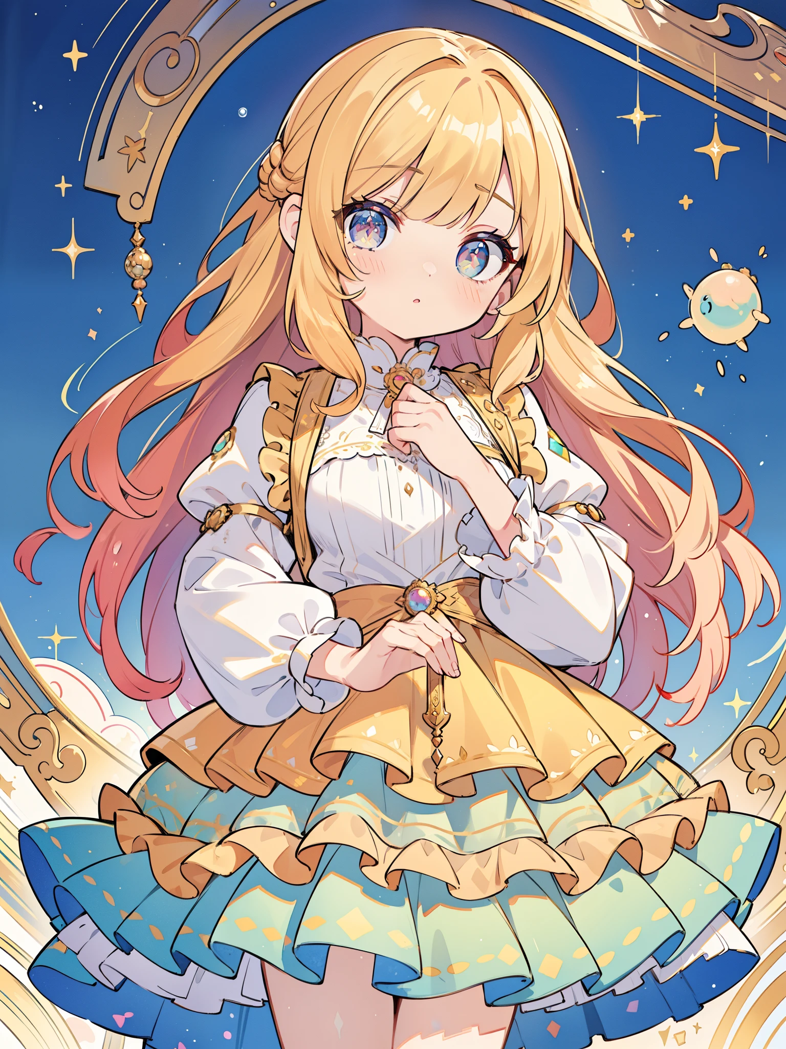 masterpiece, best quality, 8k resolution, sharp focus, intricate detail, beautiful girl, sparkling eyes, golden ratio face, otherworldly liquid, watercolor, warm colors, bright colors, whimsical, colorful, sharp focus, high resolution, fine detail, ((layered tiered puffy long sleeves ballgown)), ((round eyes)), iridescent bubbles, fantasia background
