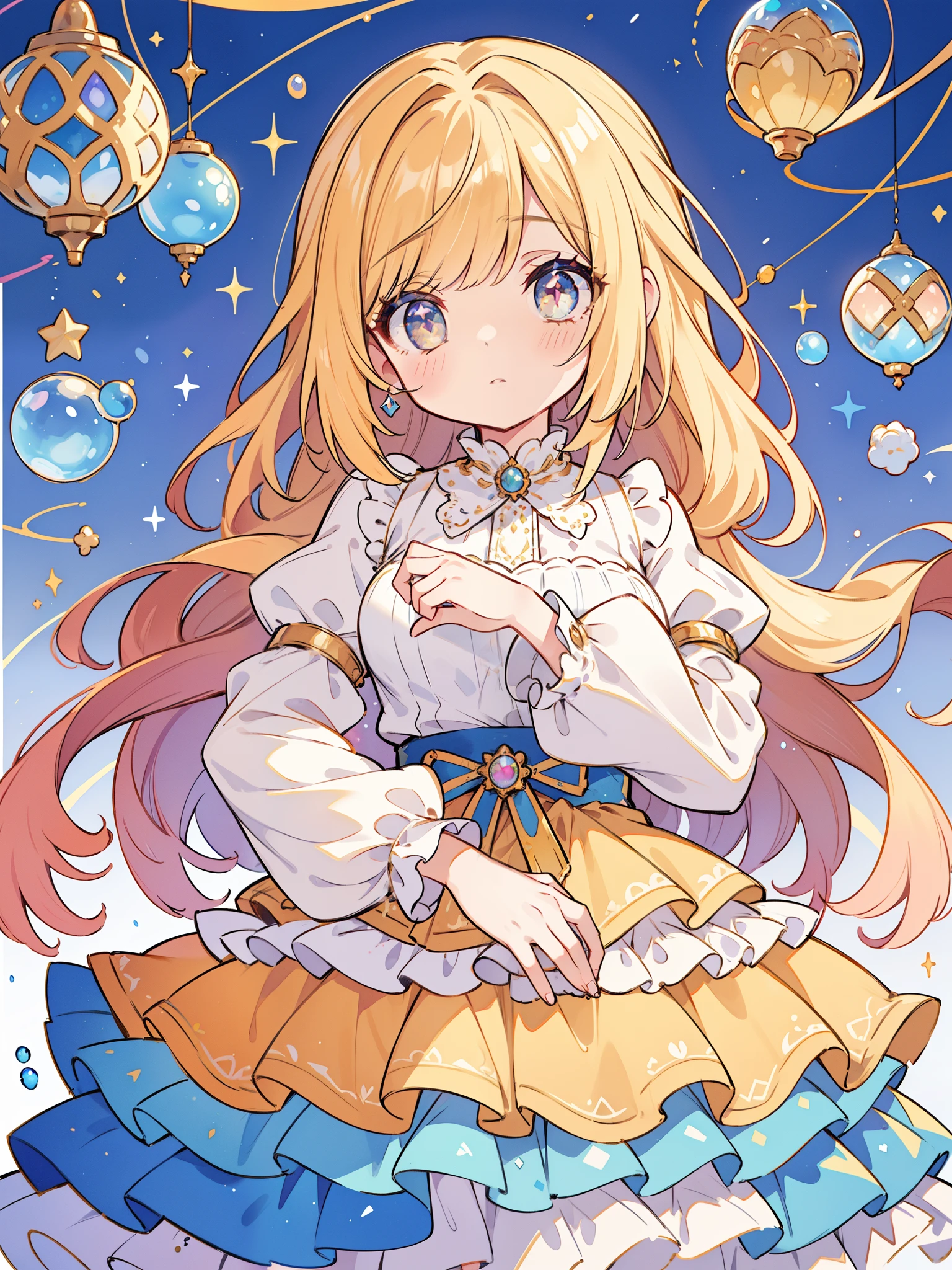 masterpiece, best quality, 8k resolution, sharp focus, intricate detail, beautiful girl, sparkling eyes, golden ratio face, otherworldly liquid, watercolor, warm colors, bright colors, whimsical, colorful, sharp focus, high resolution, fine detail, ((layered tiered puffy long sleeves ballgown)), ((round eyes)), iridescent bubbles, fantasia background