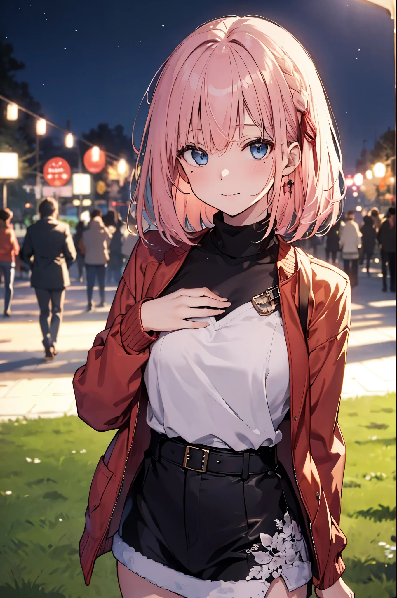 (Girl with a nasty appearance:1.3)、(Daytime:1.5)、(and chest:1.4)、Raw photography, top-quality, hight resolution, (masterpiece), (Photorealsitic:1.4), (Mole under the eyes),Anime , foco nítido, nffsw, 8K分辨率, intricate detailes, depth of fields, the Extremely Detailed CG Unity 8K Wallpapers, front lit, femele,25-years old、 Happy face,(tying hair:1.5)、see -through、(Medium pink hair)、blue eyess,(a park:1.5)、(Turtleneck Knit Jacket:1.3)、(Full body depiction)、winter atmosphere、Christmas、illuminations、santa、Christmasツリー、present、Cosplay、bustle