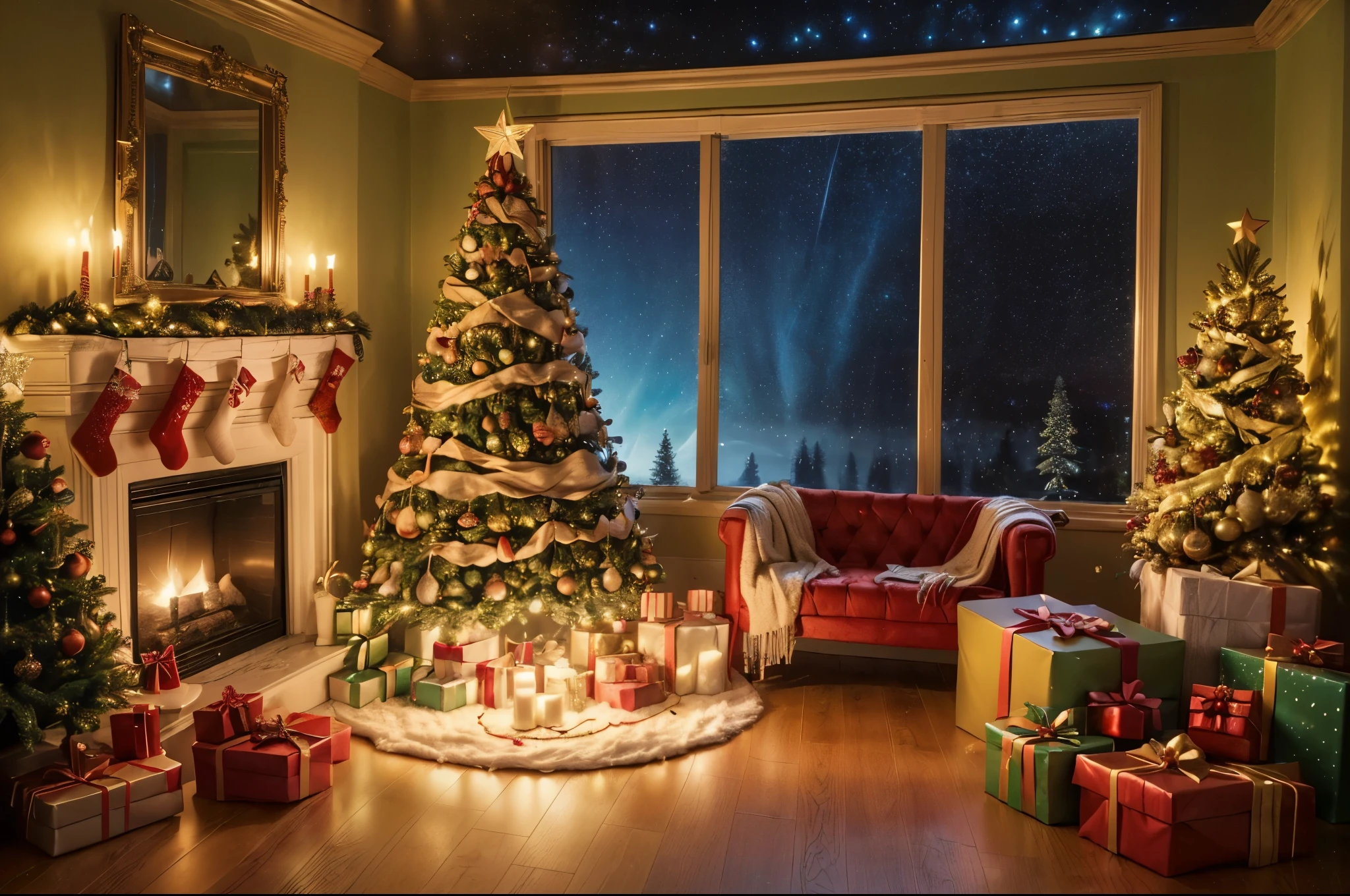 (Masterpiece: 1.2), (Long shot: 1.8), Vibrant colors, magical atmosphere, whimsical, ((starry sky with North Star shining)), (European style interior house, Christmas decorations, fireplace with residual warmth , colored lights hanging on the stairs, gifts wrapped in colorful under the Christmas tree, pile of gifts on the floor, wooden floor, decorated pine tree, parquet floor, mantel, red and green, Christmas atmosphere, traditional Christmas, Festive atmosphere, Merry Christmas, gift tags, Christmas wreaths, decorations, tinsel ribbons, Christmas tree lights, candies, gingerbread men, lights), (The room is decorated in a strong Christmas atmosphere. A string of shining ones hangs on the wall Colored lights, a Christmas wreath and a small snowman are placed on the windowsill, and a beautifully decorated Christmas tree stands in the corner of the room. (On the table, there are exquisite tableware and red plates. In the center of the table, there is a rich Christmas feast , next to a bottle of red wine and two exquisite wine glasses, bringing warmth and comfort to the entire room). (First Person View, Ultra HD, Masterpiece, Accurate, Anatomically Correct, Textured Skin, Super Detailed, High Detailed, High Quality, Award-Winning, Best Quality, 8K), Surreal, Psychedelic, Intricate Details, Textured, Ethereal, Dream-like, Soft Glowing Light, Mesmerizing Patterns, Fantasy Creatures, Hidden surprises, dreamlike landscapes, surreal color palette, mystical aura, surreal, enchanting journey, psychedelic trip, vivid imagination, immersive experience, mysterious creatures, otherworldly charm, glowing path, illuminated Magical Christmas, surreal sky, whimsical Christmas-themed room, a magical encounter, enchanting artwork, (super high saturation, vivid and bright: 1.8)