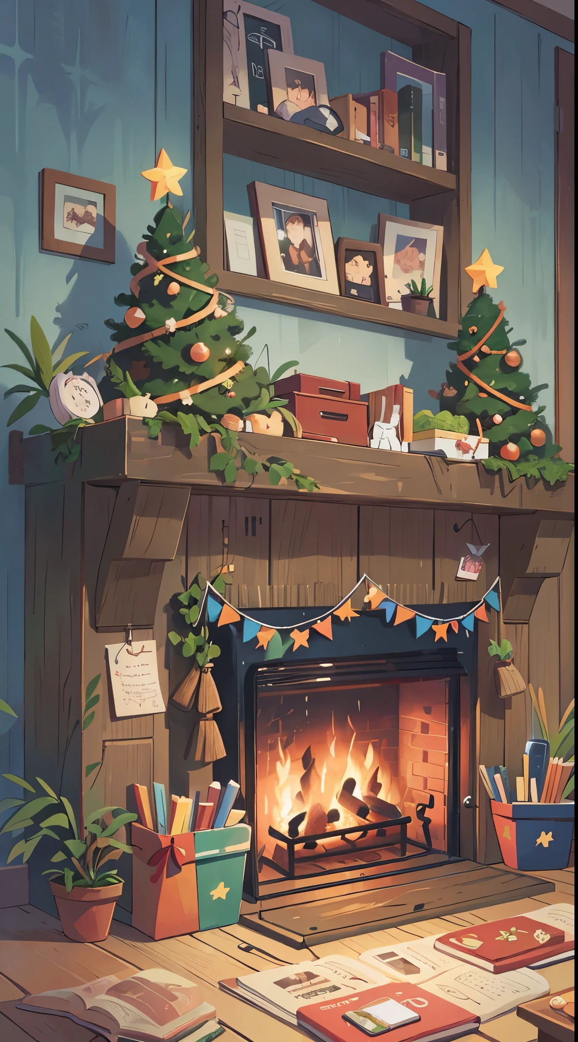 Christmas tree, present, fireplace, Night, Cartoon illustration style, Vintage tones,