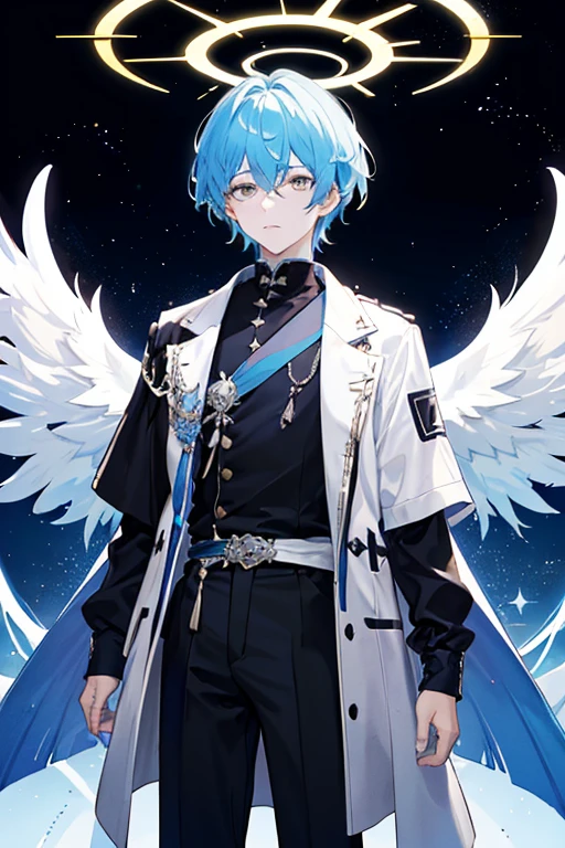 ((tmasterpiece:1.4,Best quality at best))++,(hyper-detailing)+,(Best quality at best,hyper-detailing,Vibrant colors,rich colourful,this is it角度,hight contrast:1.2),(tmasterpiece,Best quality at best,style of anime,a sense of atmosphere,More detailed,cg render,Standing picture,ray tray cin modern day,sci-fy,Divine light),A boy with,Exhibited((1 名青Exhibited)),a handsome,youthfulenergy,a boy,Medium Tall,Height about 171 cm,white colors短发,Blue pupil,white colors连帽外套,The color is black长裤,手上有一把The color is black的铳枪(blue accents,high high quality,hyper-detailing),蓝黑white colors靴子,Minor,The overall color is:white colors,different shades of blue,The color is black ,There is a square light blue halo on the head,There are -blue fragment-shaped wings on the back..,Angels have broken wings,Smooth floor, Crystal background with starry sky),Draw the whole body,delicated face,The exquisite facial features are as follows:0.5), Fashionab, with this is itmism, garments, placed in a, street frontage, rich colourful, this is it, Background with, element in, Self-confident, have expressed, statement, fittings, Majestic, coils, about, Scenes, Cover of a, boldness, Striking, Fashionab, typeface, Catchy, Striking现代日, focal, Fashionab