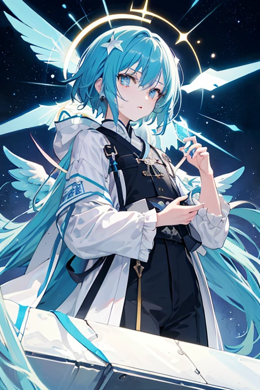 （（tmasterpiece：1.4，Best quality at best））++，（hyper-detailing）+，（Best quality at best，hyper-detailing，Vibrant colors，rich colourful，this is it角度，hight contrast：1.2），（tmasterpiece,Best quality at best,style of anime,a sense of atmosphere，More detailed，cg render，Standing picture，ray tray cin modern day，sci-fy，Divine light)，A boy with，Exhibited((1 名青Exhibited)),a handsome,youthfulenergy,a 17 year old boy，Medium Tall，Height about 171 cm，white colors短发，Blue pupil，white colors连帽外套，The color is black长裤，手上有一把The color is black的铳枪（blue accents，high high quality，hyper-detailing），蓝黑white colors靴子，Minor,The overall color is：white colors,different shades of blue，The color is black ，There is a square light blue halo on the head，There are -blue fragment-shaped wings on the back..，Angels have broken wings，Smooth floor， Crystal background with starry sky)，Draw the whole body，delicated face，The exquisite facial features are as follows：0.5）， Fashionab， with this is itmism， garments， placed in a， street frontage， rich colourful， this is it， Background with， element in， Self-confident， have expressed， statement， fittings， Majestic， coils， about， Scenes， Cover of a， boldness， Striking， Fashionab， typeface， Catchy， Striking现代日， focal， Fashionab