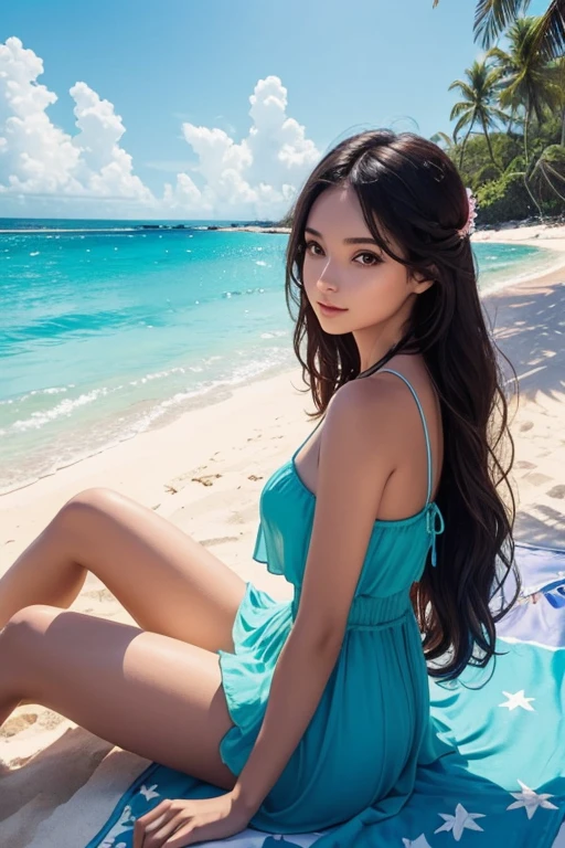 (best illumination, best shadow, masterpiece, high quality), colorful, lively, summer feel, many bright colors, beautiful woman with light summer clothes, loose hair, sitting on a beach with crystal clear water and white sand, bright blue sky.