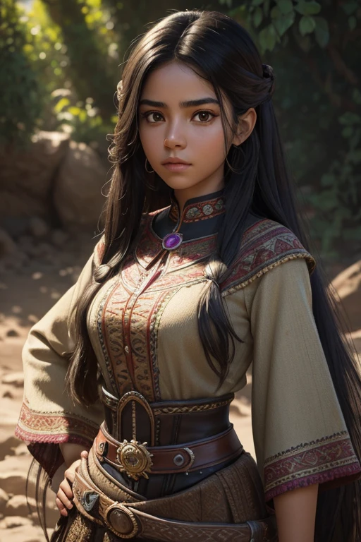 (Pixar style) A waist-high portrait of a Mexican girl with long hair, natural skin texture, 4K textures, HDR, intricate, highly detailed, sharp focus, hyper-detailed